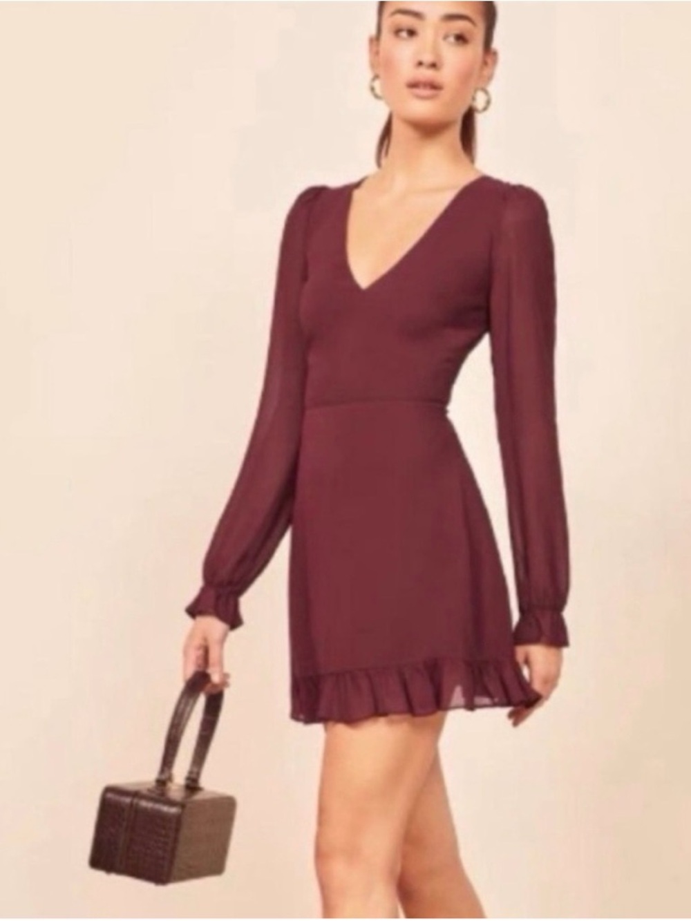 Reformation Wine Burgundy V-Neck Long Sleeve Mini Elenor Dress XS